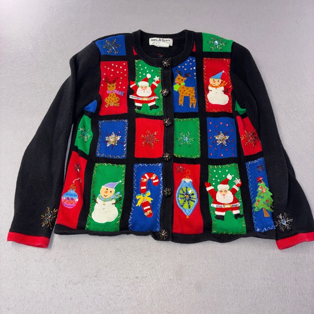 JackBQuick Christmas Cardigan Womens Small Black Multicolor Beaded Ugly Sweater